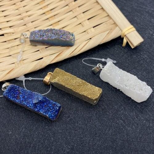 Natural Stone Crystal Aquamarine Quartz Cluster Healing Stone Pendant Gem Mineral Rectangular Necklace for DIY Handmade Gifts