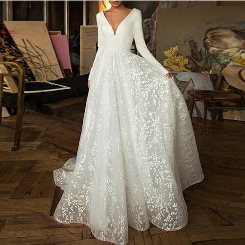 A-line Boho Wedding Dress V neck long sleeve bride dress plus size sexy backless bridal wedding gown custom made