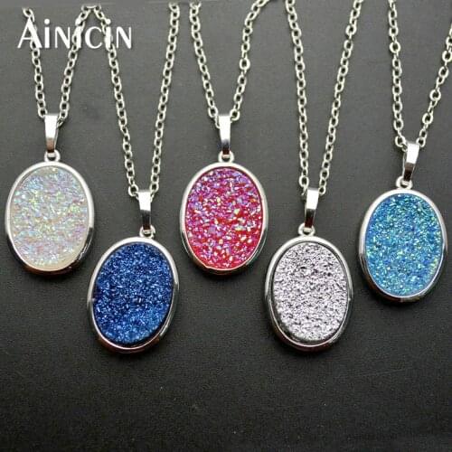 Natural Druzy Crystal Oval Shape Pendants Rainbow Blue Rose Red Color Plating Drusy Quartz 16'' chain Necklace For Men and Women