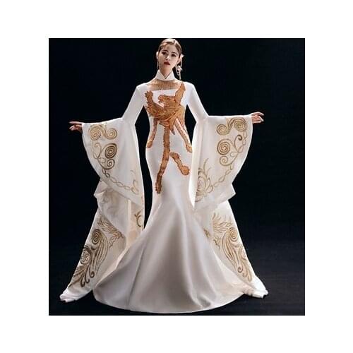 Luxury white/red/blue/black golden embroidery mermaid dress cosplay stage performance carnival studio show red carpet dress