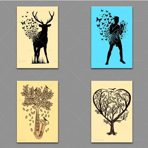 Saxophone Tree Heart Tree Deer Butterflies Muhammad Ali Poster Modern Home Decor Wall Art Abstract Wall Art Oil Painting Canvas