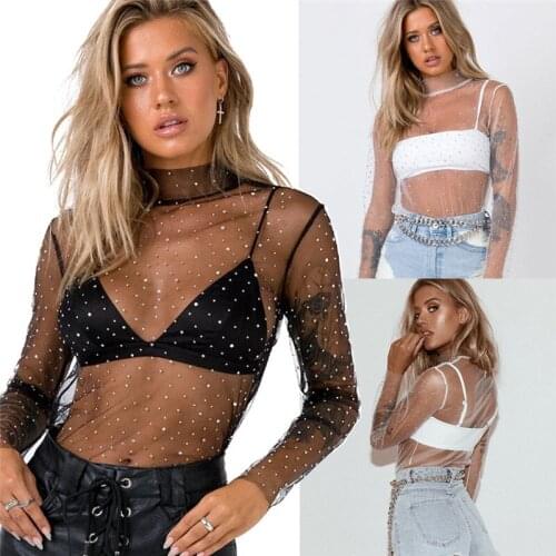 Sexy Diamonds Mesh Cropped Tank Top Long Sleeve Women Summer Cover Up Bikini See Through Rhinestone Lace Up Party Club Crop Top
