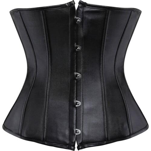 Sexy Womens Underbust Boned Lace up Faux Leather Gothic Punk Corset Waist Cincher Bustier Black