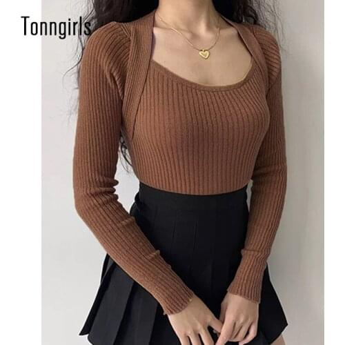 Tonngirls Autumn Women Sweater Long Sleeve Knitted Sweater Pullover Square Collar Slim Sweater Streetwear Black Pullover Tops