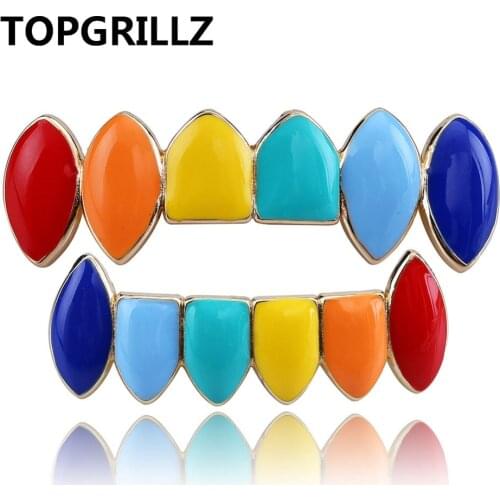 TOPGRILLZ Hip Hop Gold Tekashi69 Rainbow Teeth Grillz Top&Bottom Colorful Grills Dental Halloween Vampire Teeth