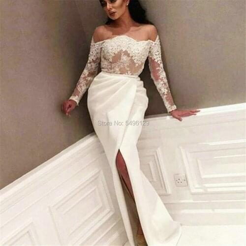 Unique Mermaid Wedding Dresses Long Sleeve Off The Shoulder Bridal Gowns Side Slit Lace Appliques Formal Dress for Brides
