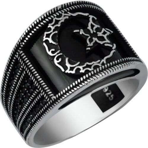 Patterned Turkish Flag Crested Micro Zircon Cubic Zirconia and Bridge Onix Stone SIRM Pattern Men 'S Ring
