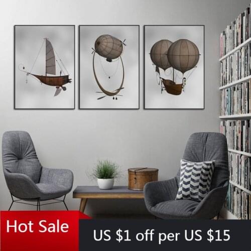 Vintage Wall Art Picture Canvas Painitng For Hot Air Balloon Retro Steampunk Airship Posters Morden Aesthetic Room Decor