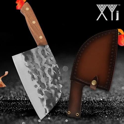 XYj 7'' INCH Cleaver Butcher Knife Forged Steel Wood Handle Chopping Bone Cutter Meat Fish Cooking Accessory Leather Cover Gift