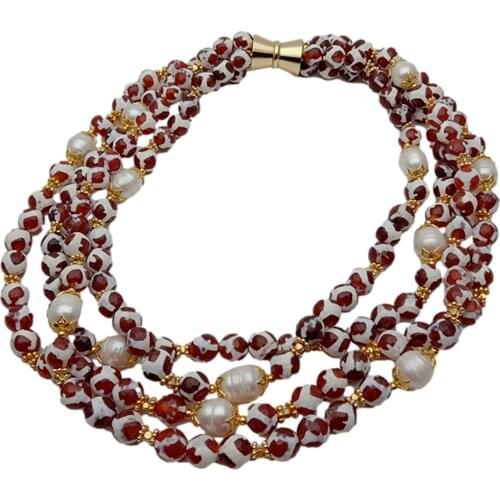 Y·YING 3 Rows Red Agate Cultured White Rice Pearl Necklace Multi Strands Fashion Jewelry