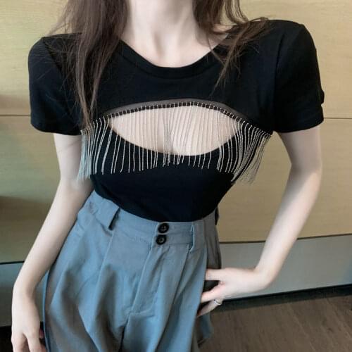 Y2k Sexy White Korean Cute Kawaii Harajuku Backless Short Sleeve Tees Women Front Tassel Hollow Out Crop Top T Shirts Women 2021