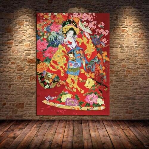 Japanese Geisha And Yin-Yang Fish Painting On Canvas Wall Art Posters and Prints Samurai Picture for Living Room Home Decoration
