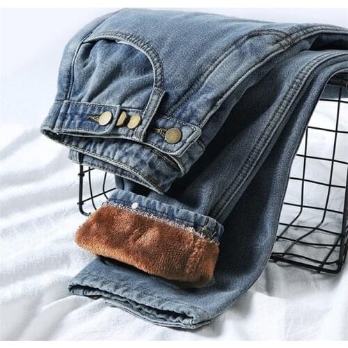 Gowyimmes Winter Casual Women Add Velvet Jeans High Waist Ankle Length Jeans Big Size Vintage Mom Jeans Denim Pants Trousers 621