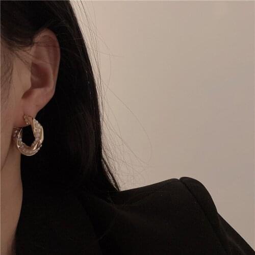TIMEONLY Delicate Simulated Pealr Twisted Metal Hoop Earring for Women Ladies C Shape Charms Earrings Japan Retro Accessories