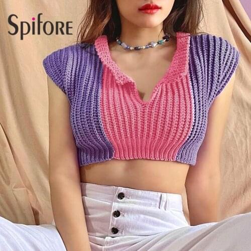 Spifore New Knitted Sweater Vest Women V Neck Patchwork Sexy Crop Top Fashion Streetwear Casual Sheath Y2K Tank Tops Female