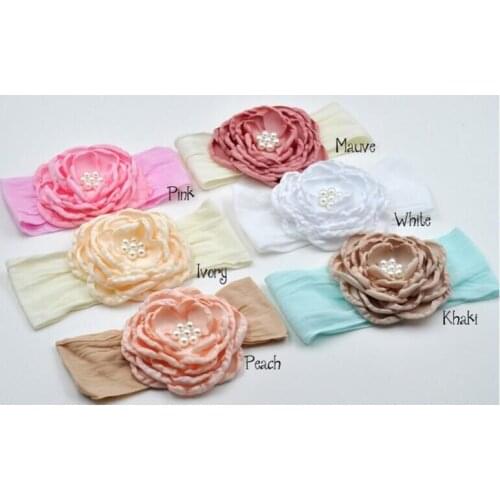 20pc/lot Boutique Princess Satin Burned Flower with Wide Nylon Headbands Pearl Center Children Girls Headwear Hair Accessories