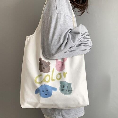 2020 Women Summer Shoulder Bags Cartoon Animal Printing Canvas Shopping Bag Girls Big Capacity Cotton Cloth School Bags