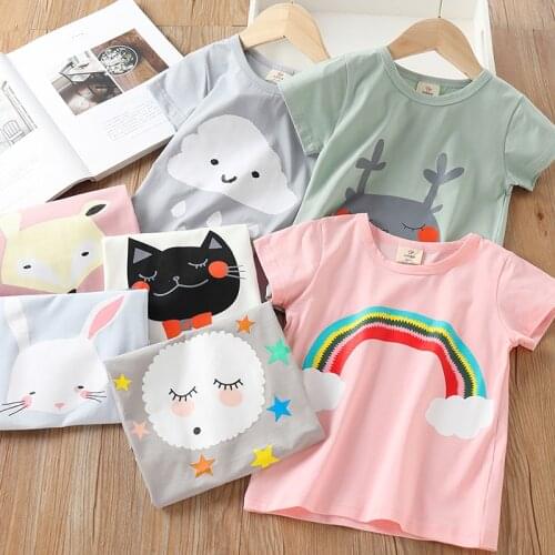2021 Summer 2-10 Years Children Cotton Cartoon Eye Star Bird Cat Deer Rabbit Animal Print Short-Sleeve T-Shirt For Baby Girls