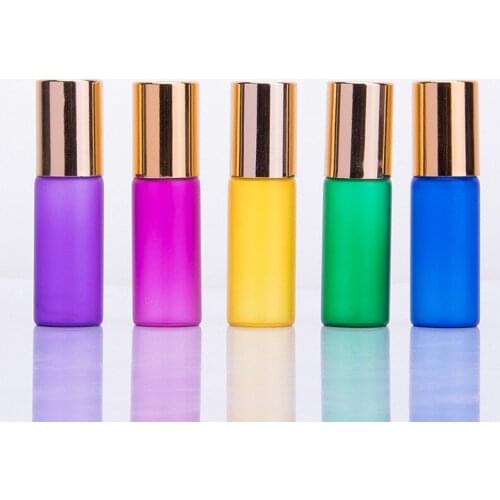 5ml Roll On Portable Glass Refillable Aromatherapy Perfume Bottles Frosted Yellow Purple Green Sample Containers with Steel Roll