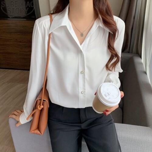 White Chiffon Blouse Long Sleeve Casual Shirt BF Style Chic Tops 2021 Autumn New fashion Women Solid Womens Korean Blusas 16160