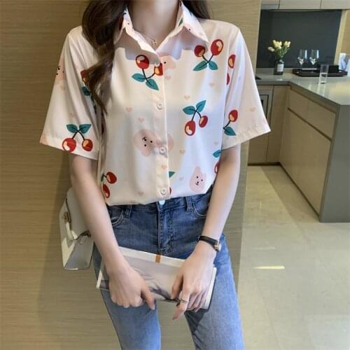 Blouses Women 2021 Vintage Cherry Printed Korean Basic Loose Chic Design Ladies Shirts Daily Street All-match Womens Blouse Top