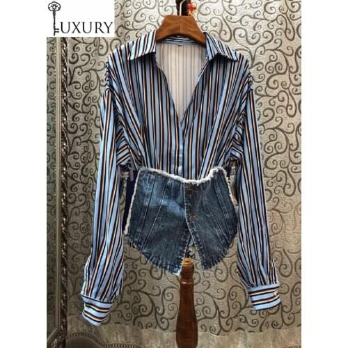 Blouses High Quality Striped 2020 Spring Casual Shirts Women Turn-down Collar Cotton Denim Vest Patchwork Long Sleeve Tops Shirt