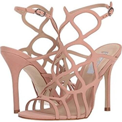 Fashion Pink Black Suede Leather Hollow Out Women Summer Shoes Thin High Heels Gladiator Heeled Sandals