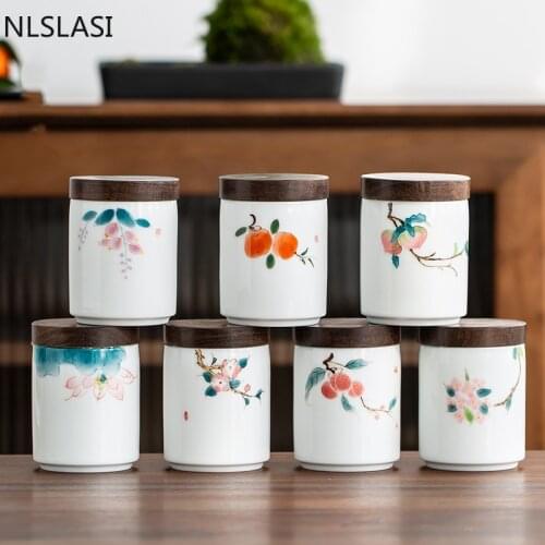 Hand Painted Flower Pattern Ceramics Tea Caddy Portable Travel Tea Boxes Sealed Jar Caddy Coffee Spice Household Storage Tank