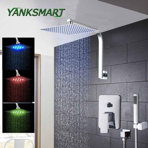 YANKSMART Gooseneck Wall Mount 6 8 10 12 16 Inch Shower Head Set with Control Valve Hand Sprayer Chrome Polished Bathroom Kit