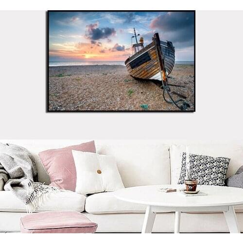 Frameless Landscape Sea Beach Ship Wall Art Living Room Picture Canvas Painting Nordic Home Drink Bar Decoration Restaurant