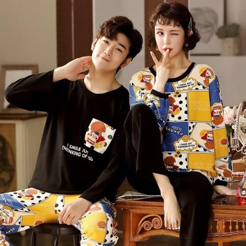 Couple Sleepwear For Women Mens Spring Autumn Cotton Long-Sleeved Trousers Night Suit Plus Size M-3XL Cartoon Casual Home Wear