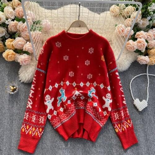 Hot Christmas Women Sweater Printing Long Sleeve O-neck Knitting Pullover Lady Top Jumper Knitwear NW145