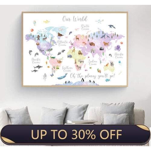 Educational Animal World Map Picture Children Poster Nursery Wall Art Canvas Painting Baby Kid Bedroom Playroom Home Decor