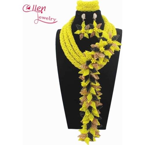 Luxury Yellow African beads jewelry sets india nigerian flower beads beaded wedding bridal necklace dubai jewelry set W14031