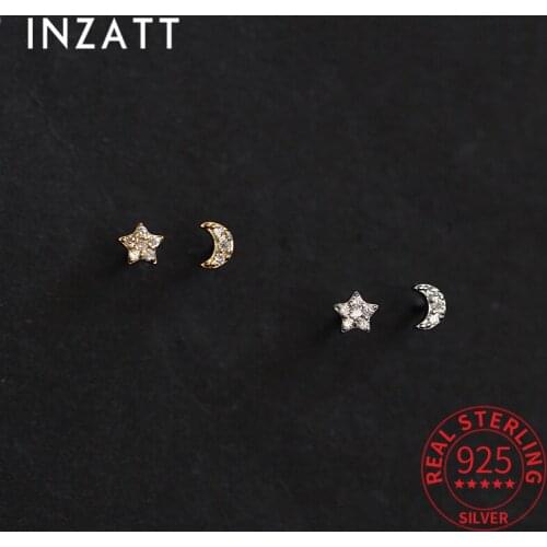 INZATT Real 925 Sterling Silver Zircon Moon Star Stud 14K Gold Earrings For Women Asymmetry Cute Fine Jewelry Drop shipping