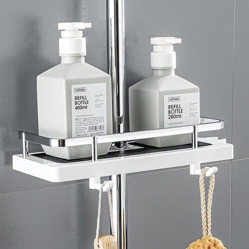 Shower Rod Racks Bathroom Lift Rod Bracket Tray Free Punching Toilet Shower Storage Hanging Basket Toiletry Storage