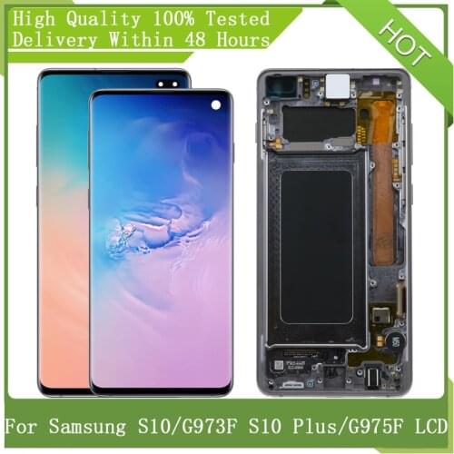 For SAMSUNG GALAXY S10 G973 SM-G973F S10Plus G975 SM-G975F SUPER AMOLED Screen With Frame LCD Touch Display Assembly Replacement