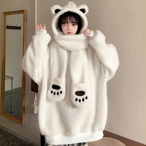 2021 Bear Hoodie Japanese Kawaii Bear Ears Detachable Hooded Scarf Top Winter new Lamb Wool Cute Harajuku Women Pullovers Hoodie
