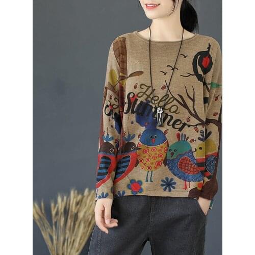 Round Neck Pullover Sweater Women Loose Large Size Cartoon Bird Printed Cotton Thread Korean Bottoming Shirt Knit Jumper f2567