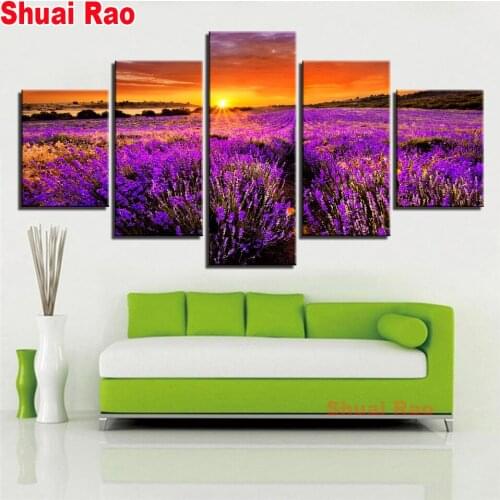 Diamond Painting Sunset Landscape 5 Pieces Lavender Flowers Diamond Mosaic Sale Home Decoration Diamond Embroidery Full Square