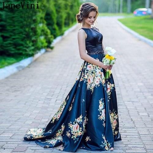 JaneVini 2018 Elegant Floral Print Prom Dresses Backless Beaded Flower Navy Blue Satin Long Bridesmaid Dresses Women Party Wear