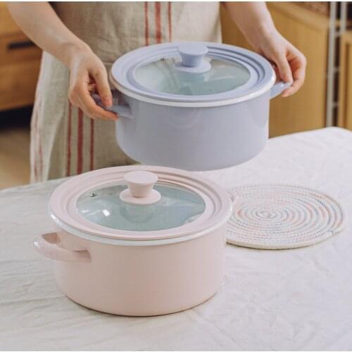 Japanese-style Simple 3.4L 4.8L Large Capacity Light Color Enamel Binaural Soup Pot Kitchen Gas Stove Gas Universal Cooking Pot