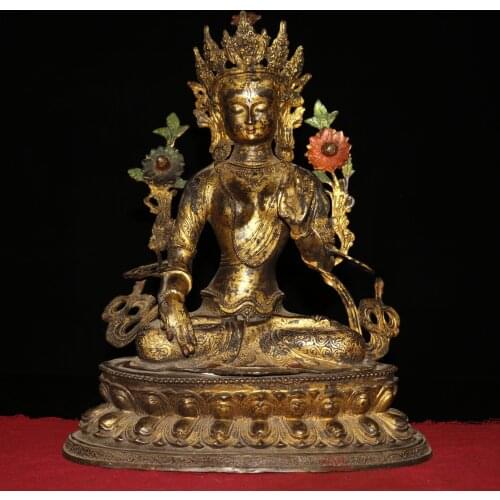17"Chinese temple collection Old purple Bronze Lacquer Cinnabar Seven Eyes Tara Tibetan Buddha White Tara Bodhisattva