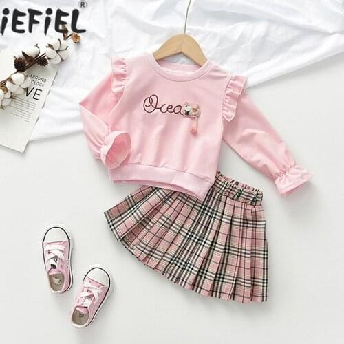 Kids Girls Clothing Sets New Spring Ruffle Long Sleeve T-shirt Tops+Pleated Skirt 2Pcs for Kids Childrens Sets Clothes Outfits