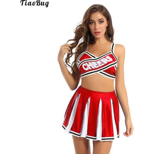 TiaoBug 2Pcs Women Adults Cheerleader Costume Uniform Outfit Striped Shoulder Straps Back Cross Crop Top With Pleated Skirt