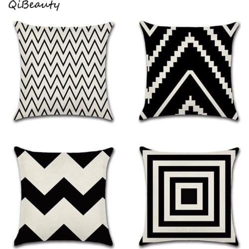 QiBeauty Simple black and white geometric wavy zigzag linen pillowcase cushion cover for Home sofa Car 45*45cm