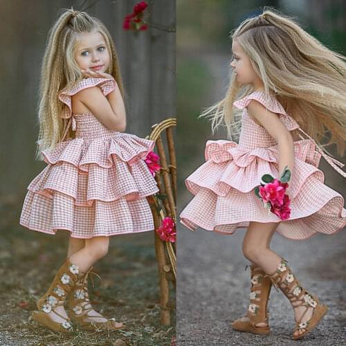 Layered Girls Dress 2021 New Plaid Pink Kids Party Clothes for 1 2 3 4 5 Year Girl Summer Backless Children Princess Dresses