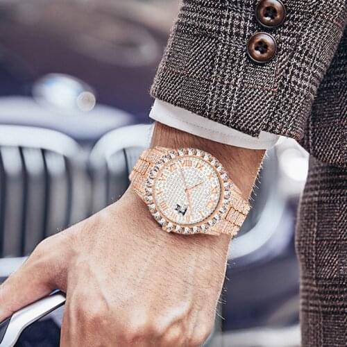 Fashion Bling Bling Mens Watches Luxury Rhinestone Diamond Crystal Nardin Rose Gold Watch for Gent Roman Numerals Quartz Watch
