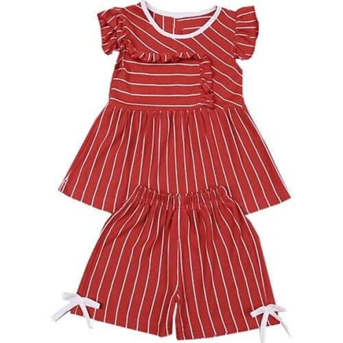 Fashion Baby short sleeve Striped block lace vest T-Shirt+bow shorts Sets girls Sport Suits cotton summer princess clothing set