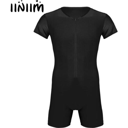 Mens Sexy Clubwear One-piece Short Sleeve Front Zipper Catsuit Boxer Briefs Male Leotard Tight Zentai Bikini Unitard Bodysuit